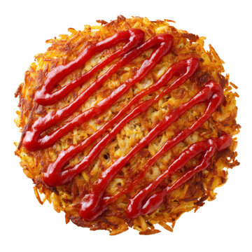 Crispy and delicious hash brown with a vibrant ketchup drizzle, ready to be enjoyed Isolated Transparent Background, PNG