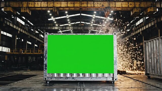 Industrial setting with green screen container for customization
