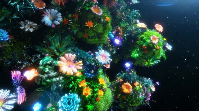 Fantastic floating islands covered with glowing colorful flowers