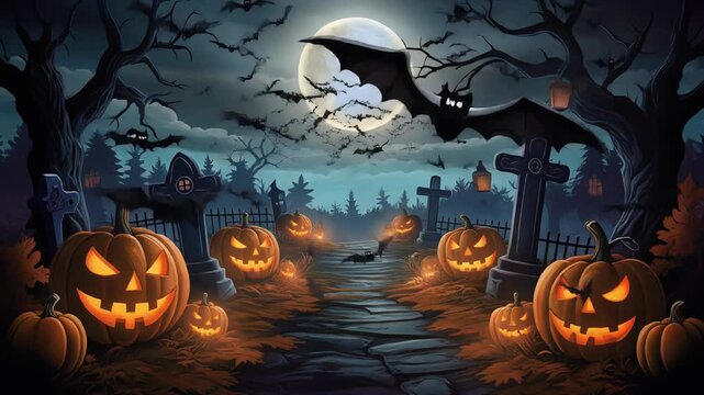 Spooky Halloween night landscape illustration with glowing jack o lanterns lining a dark cemetery path beneath a huge full moon and flying bats