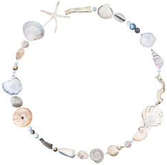 Fototapeta premium Hand drawn round frame with watercolor seashells, copy space. Coastal wedding isolated illustration