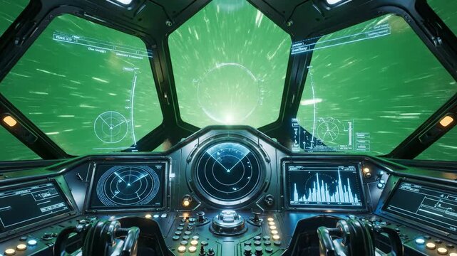 Inside spaceship cockpit flying through hyperspace tunnel light speed
