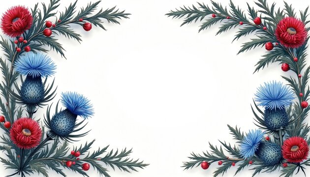Decorative border with red flowers blue thistles and green leaves. Floral art element on white background. Elegant botanical frame for invites or cards.