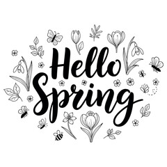 Fototapeta premium Spring hand-drawn lettering with flowers, leaves. Black and white doodle illustration with playful seasonal elements.
