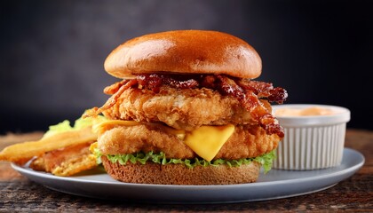 stacked fried chicken burger with bacon and cheese