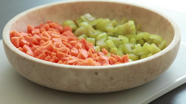 Freshly chopped carrots and celery in a bowl, ready to use as a healthy snack or as a base for soups, stews, and meal prep. Perfect for home cooking, clean eating, and plant-based recipes