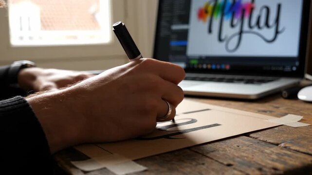 Hand holding pen on wooden desk near laptop screen