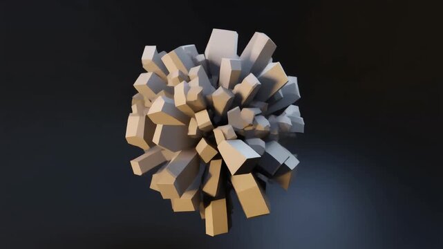 Complex digital artwork featuring an intricate abstract geometric structure made of interlocking cubic and crystalline blocks suspended in dark space with dramatic illumination