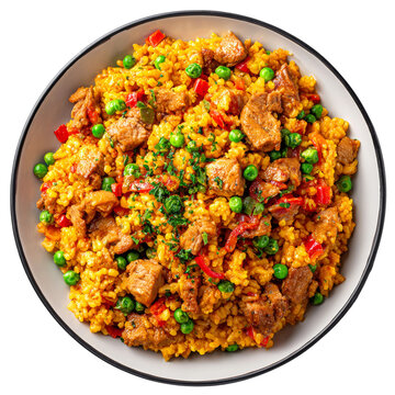 A vibrant plate of Spanish Paella with various ingredients Isolated Transparent Background, PNG