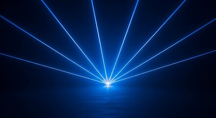 Radiant, symmetrical blue light beams emanate from a central point, creating a striking, dark display