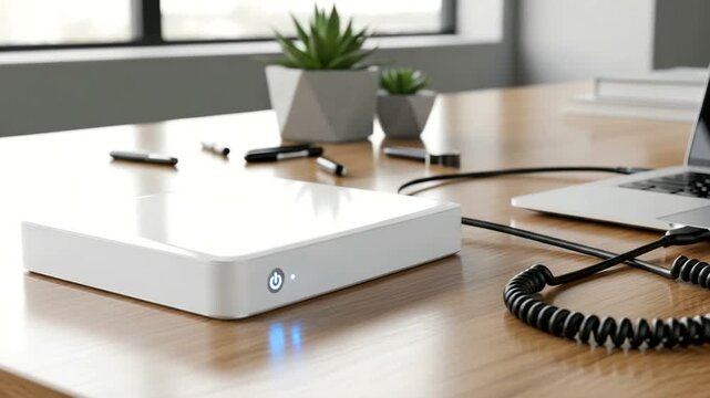 White External Hard Drive on Office Desk.