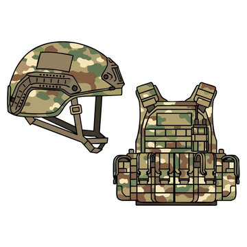 Military Tactical Helmet and Vest. Camouflage Combat Gear. Protective Armor.