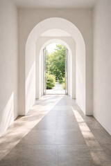 Fototapeta premium Modern hallway leading to a serene garden through open doors