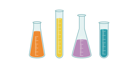 Laboratory glassware with colorful liquids vector illustration chemistry flasks and test tubes set. Scientific experiment equipment in flat style isolated on background.