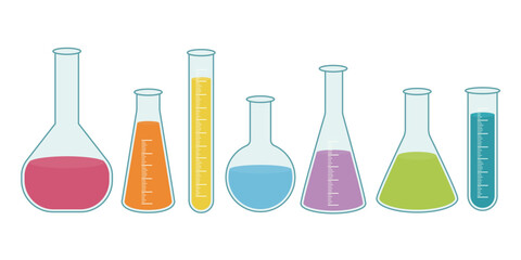 Laboratory glassware vector set with colorful chemical liquids. Science lab flasks and test tubes illustration. Chemistry equipment collection in flat style. Isolated on white background.