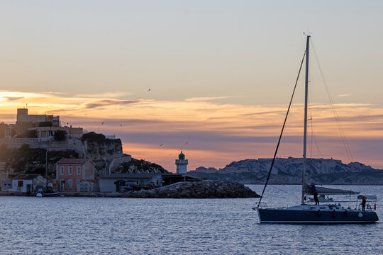 the cityscape of Marseille,  with the view of luxury sailboat in harbor