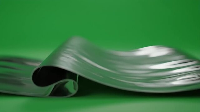 A metallic material curves and folds against a blurred green background