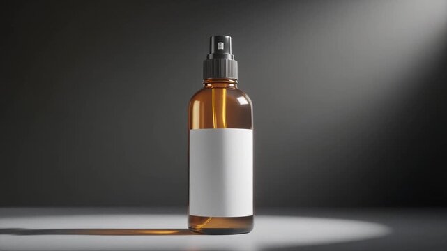 Dramatic spotlight on a cosmetic amber glass spray bottle mockup against a dark black studio background. Blank white label template for beauty health and wellness product branding.