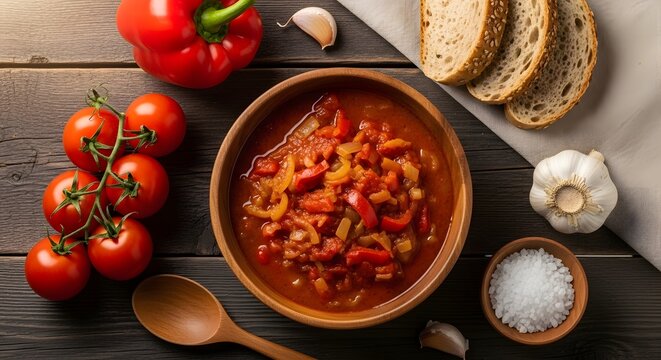 Overhead View of Hungarian Lecs? Pepper Tomato Stew with Bread and Garlic