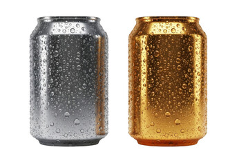 Cold silver and golden beer cans condensation refreshment drink advertising
