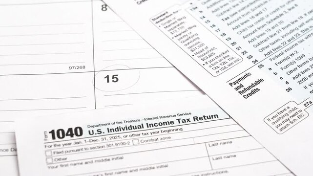 Taxpayer's hand using a pencil to circle the April 15th deadline on a calendar. United states individual income tax return form 1040 nearby
