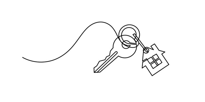 Continuous one line art drawing symbol of house keys, Simple key house outline drawing illustration. one continuous line drawing of Key house, A keychain house, Minimalistic icon, Real Estate Line. Ke