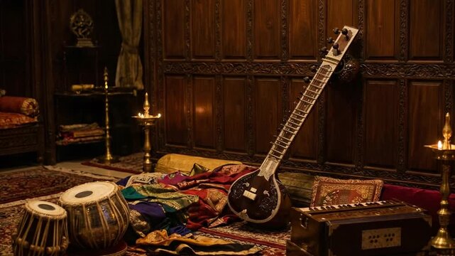 traditional sitar leaning against carved wooden wall in indian classical music video