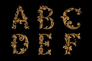 Luxury Gold Ornamental Alphabet Letters A&ndash;F with Elegant Vintage Floral Design on Black Background