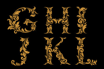 Luxury Gold Ornamental Alphabet Letters G&ndash;L with Elegant Vintage Floral Design on Black Background