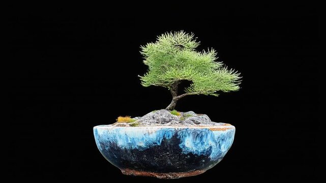 A small evergreen bonsai tree in a decorative blue and black ceramic pot against a black background