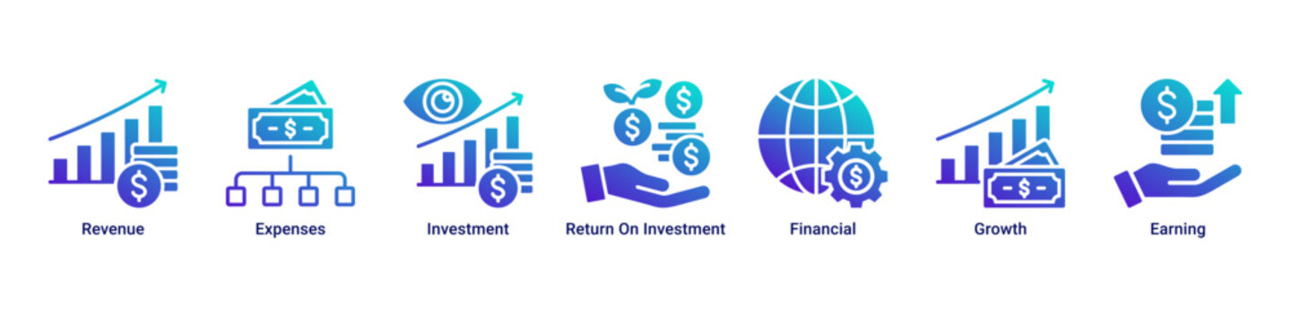 Financial Growth banner icon set illustrating revenue streams, investments, ROI analysis, expense control, and sustainable business growth