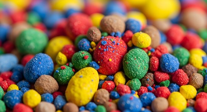 Pile of colorful candis and chocolates on white surface with red yellow.