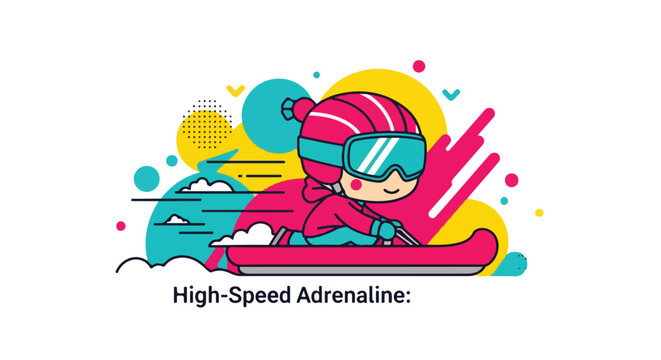 High-speed adrenaline winter sport illustration featuring a cute cartoon girl bobsledding with dynamic motion and vibrant colors, capturing fun and excitement.