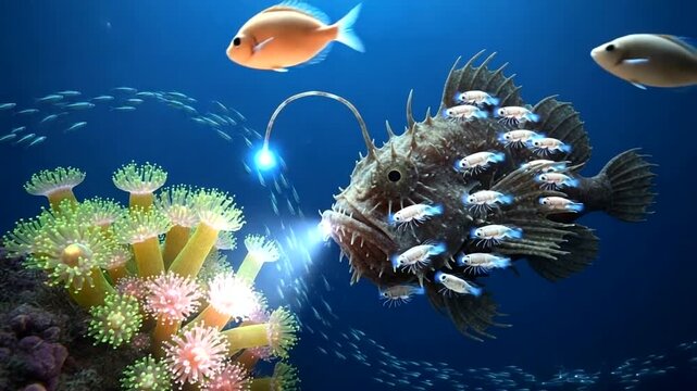 Underwater Scene with Anglerfish and Coral Reef.