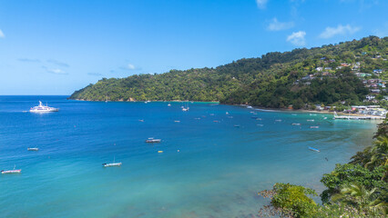 Aerial View of Small Boats Floating in Clear Caribbean Waters off Charlotteville, Tobago