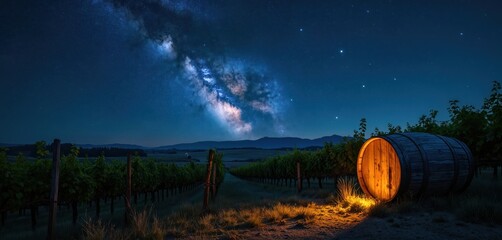 Obraz premium Vineyard rows stretch under starry night sky with Milky Way visible. Large wooden wine barrel glows with warm light. Peaceful rural landscape.