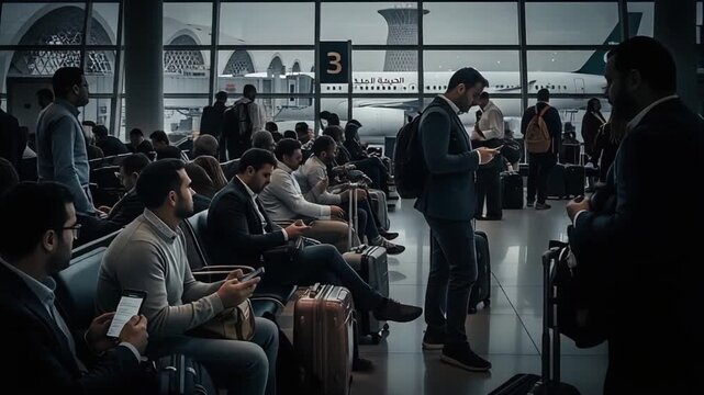 Airport Waiting Area Travelers with Luggage Airplane View Gate 3.