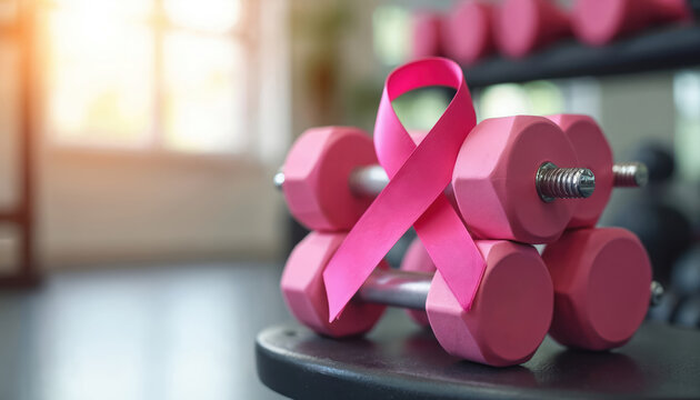 Pink ribbon tied on gym weights. Symbol of fight against breast cancer. Support for oncology patients during training. Strength and hope for recovery.