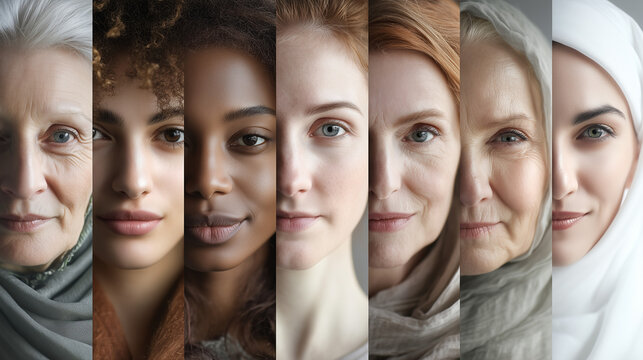 Diverse female faces representing International Women's Day, gender equality and women's rights across cultures and generations.