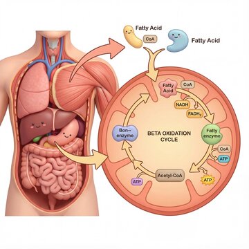 Comprehensive diagram of fatty acid beta oxidation cycle within the human body, depicting energy metabolism and cellular biochemical processes