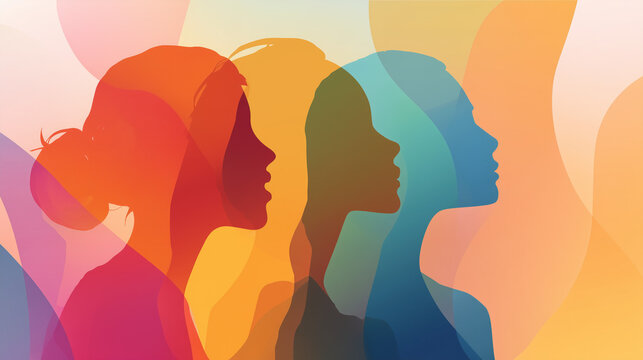 Colorful abstract composition of layered female profiles symbolizing diversity, empowerment and gender equality. Concept for International Women&rsquo;s Day and women&rsquo;s rights movement.