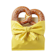 Fresh baked pretzels tied with yellow ribbon gift bag isolated on transparent background