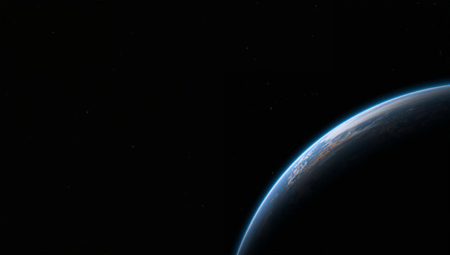 薄い大気の縁が象徴する地球の脆さ、黒余白が広い抽象宇宙写真