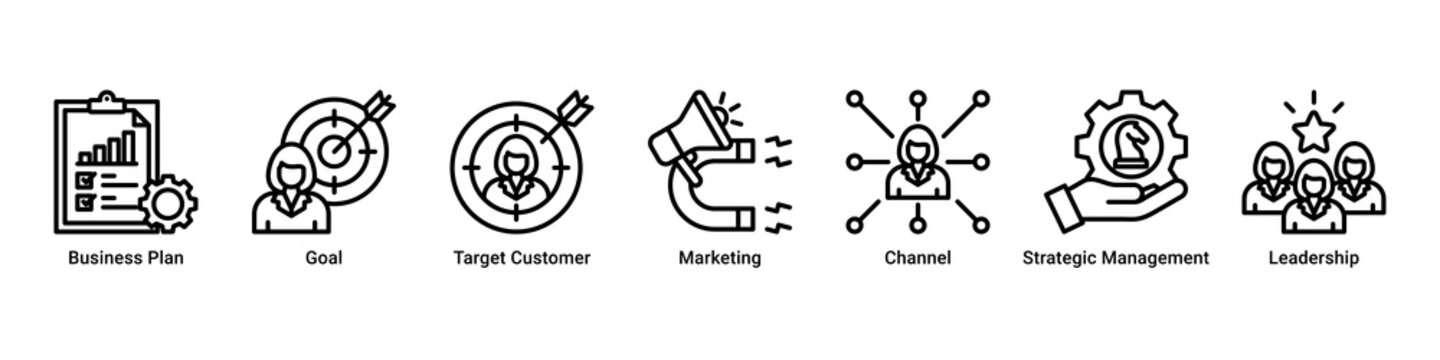 Strategic Planning banner icon set highlighting goal setting, customer focus, marketing channels, leadership, and long-term business direction