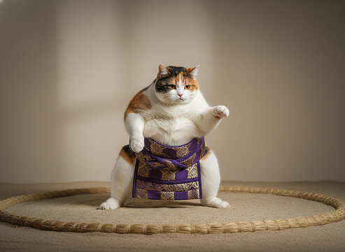 Calico cat dressed as sumo wrestler in a ring