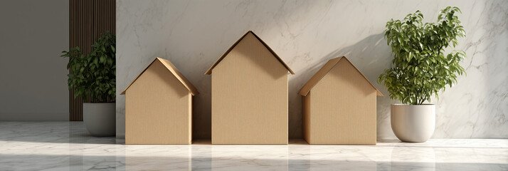Three House-Shaped Cardboard Boxes Aligned in a Bright Modern Interior Create a Relocation Metaphor, Enhanced by Soft Light, Marble Reflections, a Green Plant, and Clean Copy Space. Generative Ai.