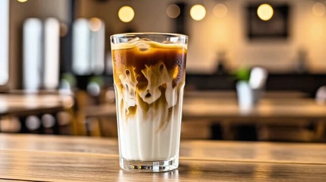 A glass of iced coffee with a swirl of cream is positioned on a wooden table, with a softly lit caf&eacute; in the background.