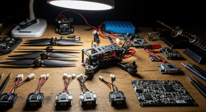 Assembling a custom FPV drone with electronic components laid out on a wooden table