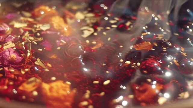Close-up of a vibrant, bubbling mixture with various colorful spices and seeds, creating a dynamic and aromatic scene.