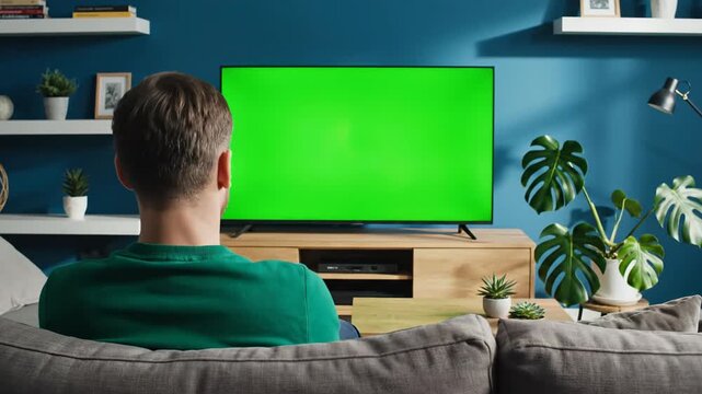 Man watching television with green screen display inside living room